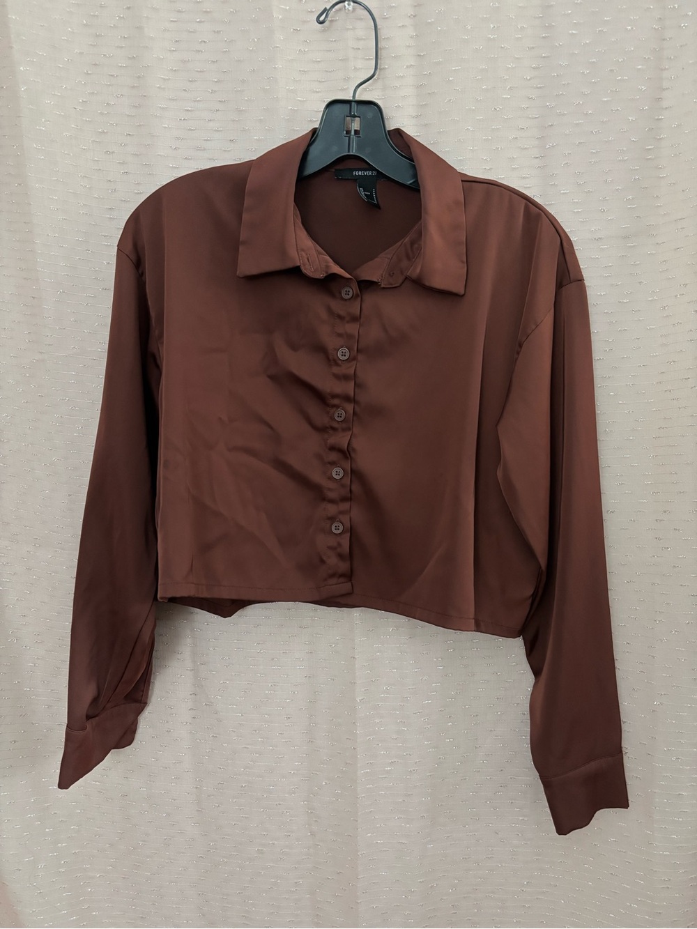 Forever 21 Brown Long-Sleeve Cropped Button-Up Shirt